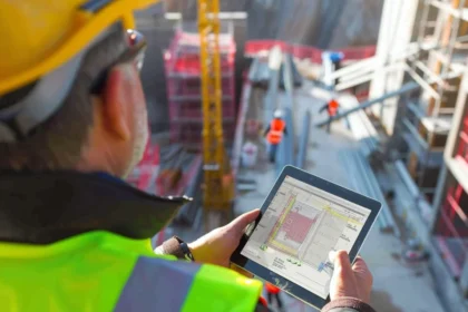 Construction site manager using tablet with AI analytics dashboard overlying a complex building frame