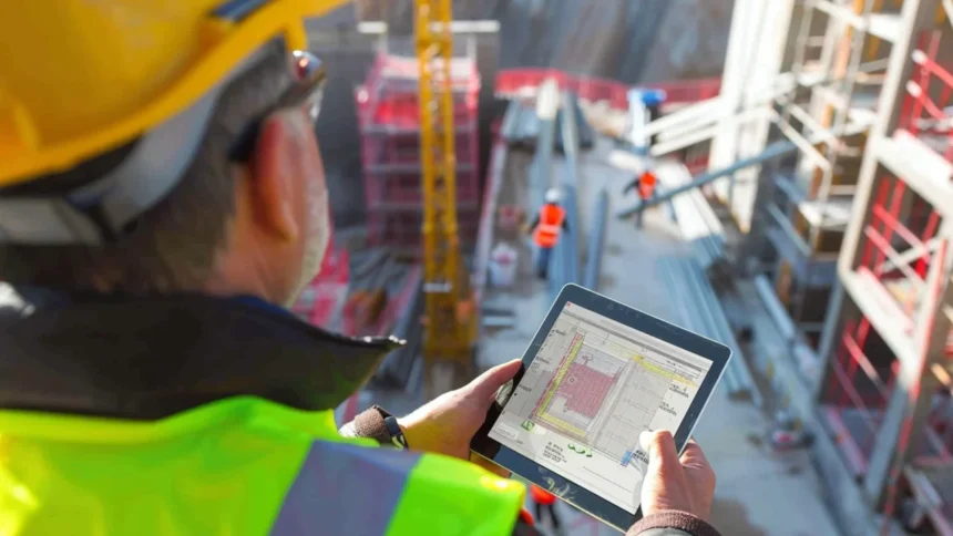 Construction site manager using tablet with AI analytics dashboard overlying a complex building frame